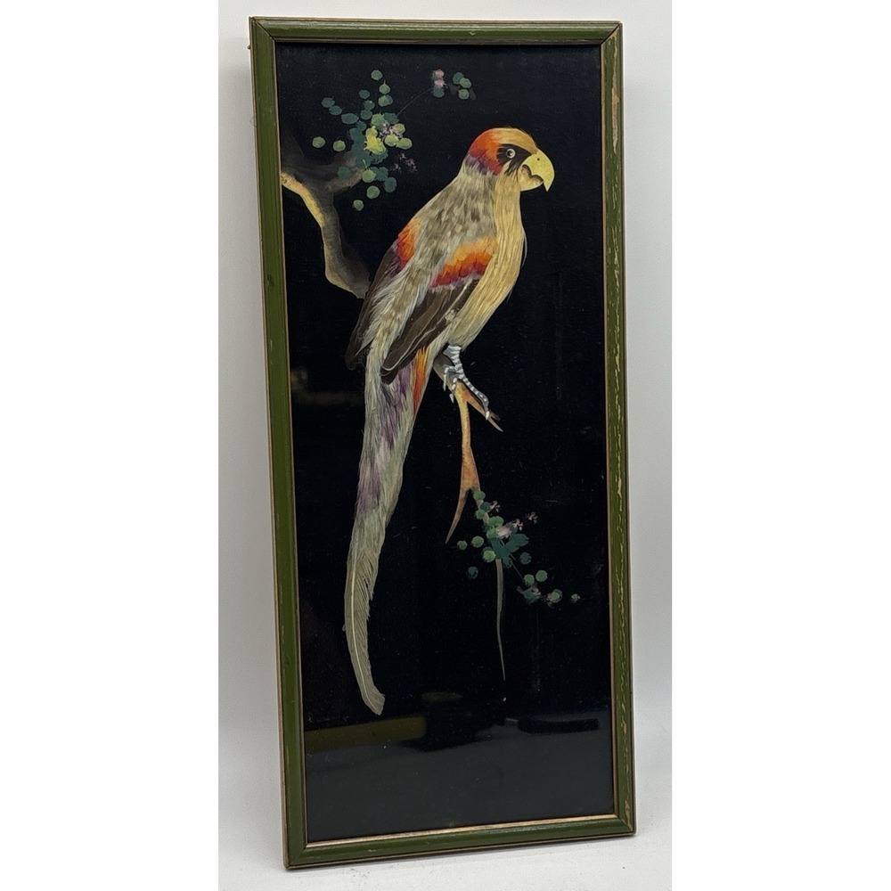 Vtg Mexican Feather Craft Art Bird Picture Wood Frame Multicolored 14.5x6.5"